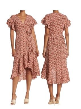 Max Studio Rose-Terracotta Floral Wrap Midi Dress